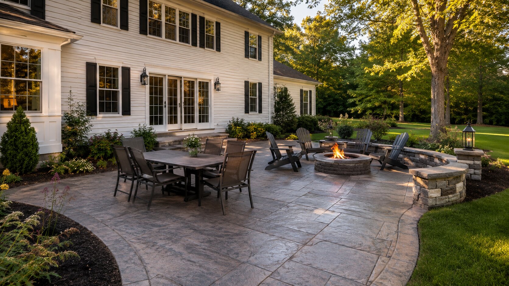Stamped concrete patio beside a coastal-style home